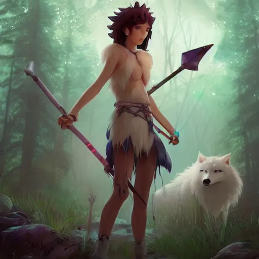 Prompt: Princess Mononoke holding a spear, standing next to Moro the white wolf, in a bioluminescent forest at night, with the Princess Mononoke Nightwalker in the background, portrait by loish and WLOP, octane render, dark fantasy, trending on ArtStation