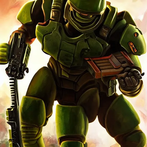 Image similar to doomguy in fornite, artstation hall of fame gallery, editors choice, # 1 digital painting of all time, most beautiful image ever created, emotionally evocative, greatest art ever made, lifetime achievement magnum opus masterpiece, the most amazing breathtaking image with the deepest message ever painted, a thing of beauty beyond imagination or words