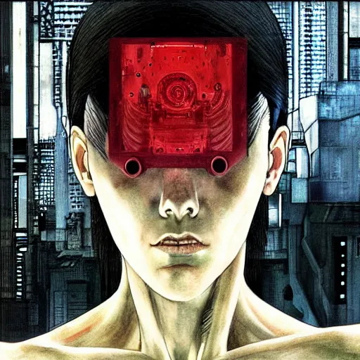 Image similar to Digital portrait of a cyborg from Ghost in the shell by Enki bilal and Salvador Dali, cyberpunk, impressive perspective, aesthetic, masterpiece