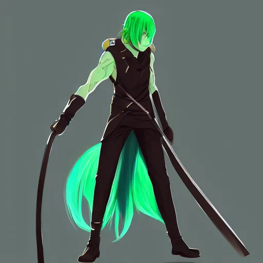 Image similar to anime fencer, green hair, male, character design, artstation, illustration