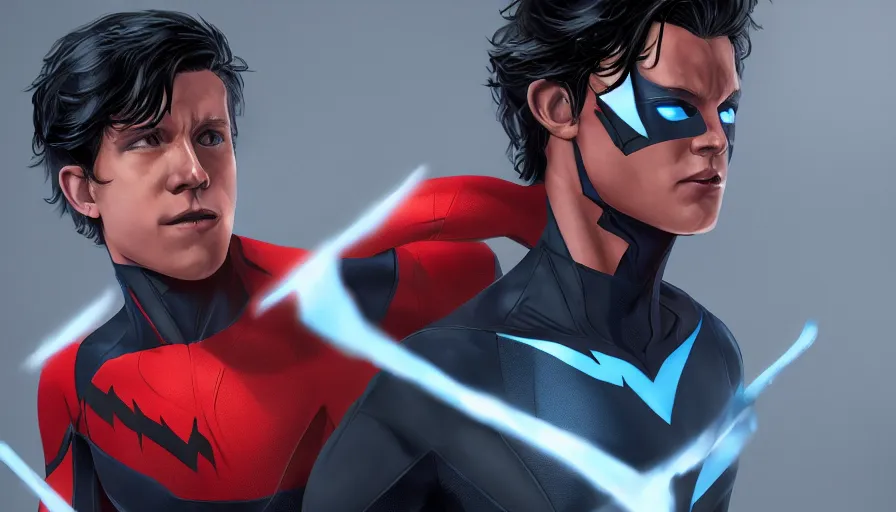 Image similar to Tom Holland is Nightwing, hyperdetailed, artstation, cgsociety, 8k