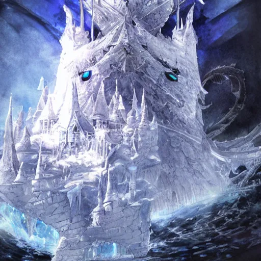 Image similar to highly detailed ice castle floating high above the ground being circled by a small white ice dragon, drawn by Yoji Shinkawa, water color, Dungeons and Dragons, Wizards of the Coast