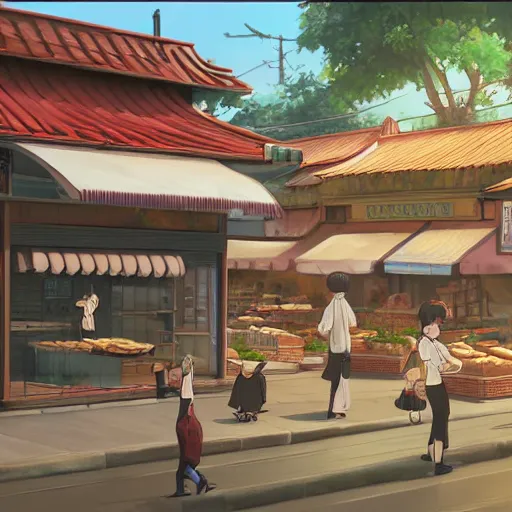 Prompt: concept art painting of a bakery with european and japanese architecture, in a village surrounded by trees, realistic, detailed, cel shaded, in the style of makoto shinkai and greg rutkowski and james gurney