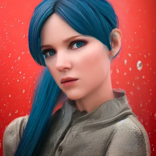 Prompt: a beautiful girl with long blue ponytail, bangs, pale skin, wearing red formal attire, highly detailed, 8 k, octane render, professional portrait, realistic oil painting, rainy window, water droplets frozen in time, god rays,