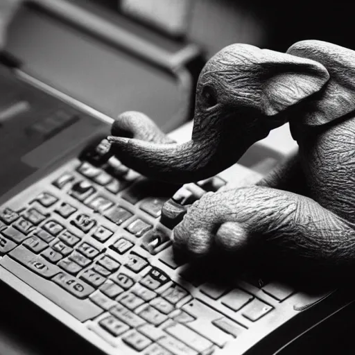 Prompt: 35mm macro photograph of a hand carved elephant wearing a suit working on a couch typing on a miniature computer keyboard