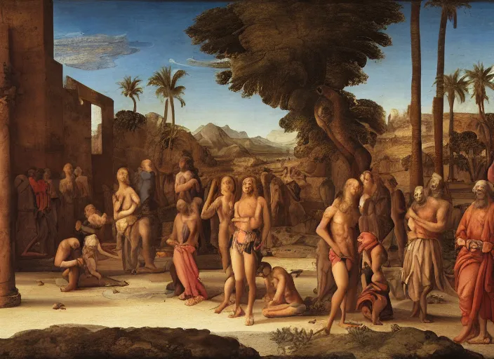 Prompt: : „a painting of a group of people outside in tropical desert Atlantis city, an ultrafine detailed painting by Giovanni Paolo Pannini, cg society, renaissance, da vinci, detailed painting, academic art“