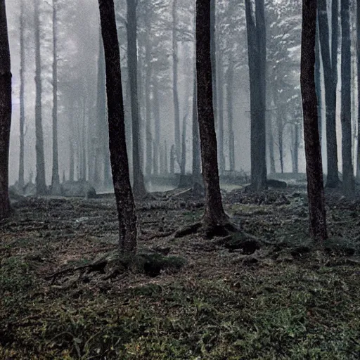 Image similar to film still of a military compound with 2 barracks during ww 2 in the forest, trenches dug around the perimeter, filmgrain, zeiss lens, redshift, octane, foggy diffused lighting