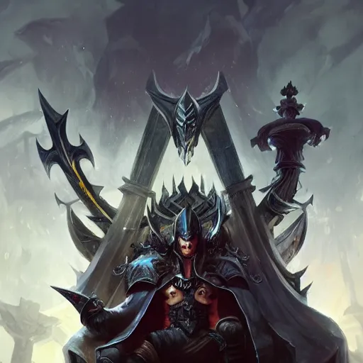 Prompt: Lord from hell on the throne, black eyes, swords, high detailed face, league of legends wallpapers, piotr jablonski, greg rutkowski