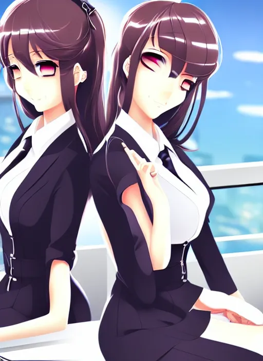 Image similar to two beautiful secretaries on a lunch break in summer, gorgeous faces, thick lines, cinematic lighting, detailed anime art