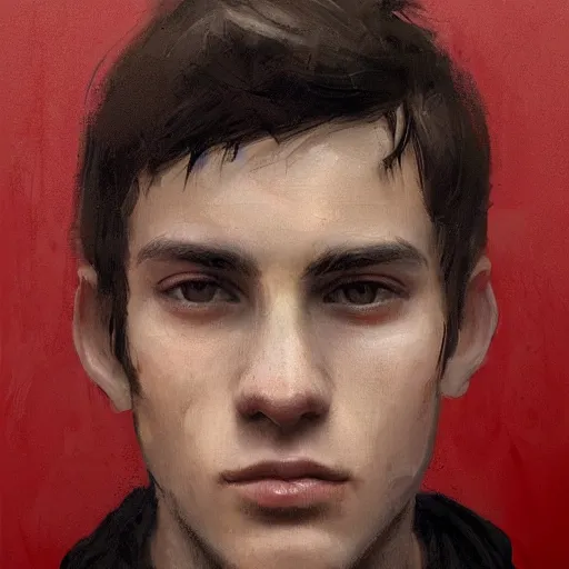 Image similar to Portrait of a man by Greg Rutkowski, he is about 20 years old, french features, attractive, short brown hair with bangs, athletic and strong, gallant, childhood friend vibes, he is wearing red and black utilitarian jumpsuit, highly detailed portrait, digital painting, artstation, concept art, smooth, sharp foccus ilustration, Artstation HQ.