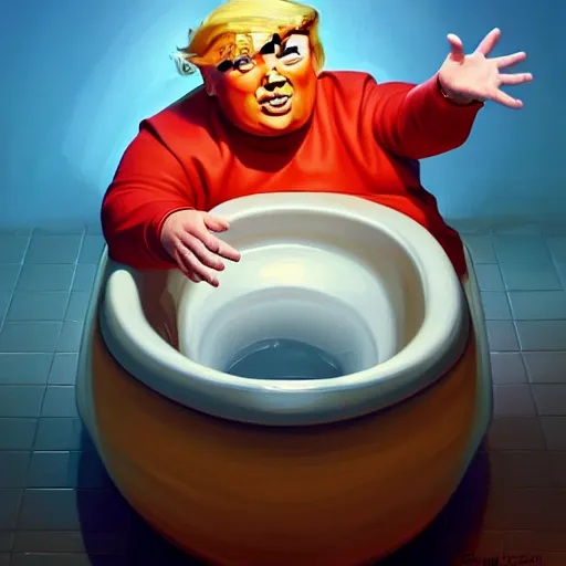 Prompt: chubby donald trump inside toilet bowl, ben hur, loftis, cory behance hd by jesper ejsing, by rhads, makoto shinkai and lois van baarle, ilya kuvshinov, rossdraws global illumination