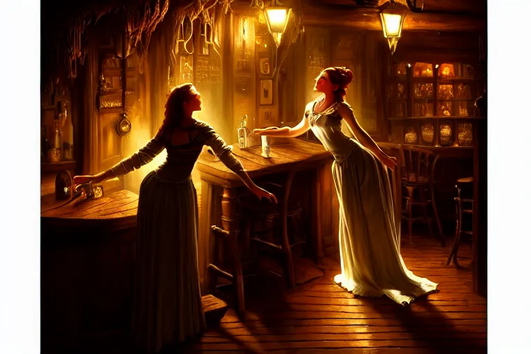 Prompt: a beautiful barmaid, dimly lit cozy tavern, relaxed pose, fantasy, intricate, elegant, dramatic lighting, emotionally evoking symbolic metaphor, highly detailed, lifelike, photorealistic, digital painting, artstation, concept art, smooth, sharp focus, illustration, art by John Collier and Albert Aublet and Krenz Cushart and Artem Demura and Alphonse Mucha