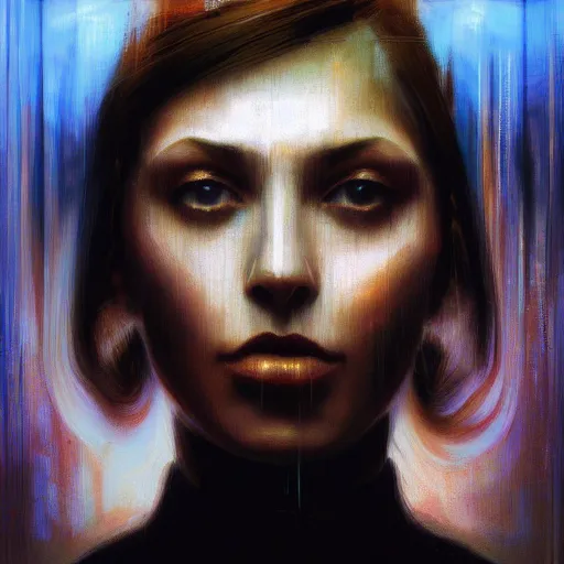 Image similar to detailed face of a woman, clockwork, moment, tectonic sky, skydome, bullet train, turbines, utopian, tech noir, wet reflections, prism, atmospheric, ambient, nick alm, casey baugh, pj crook, syd mead, livia prima, edward hopper