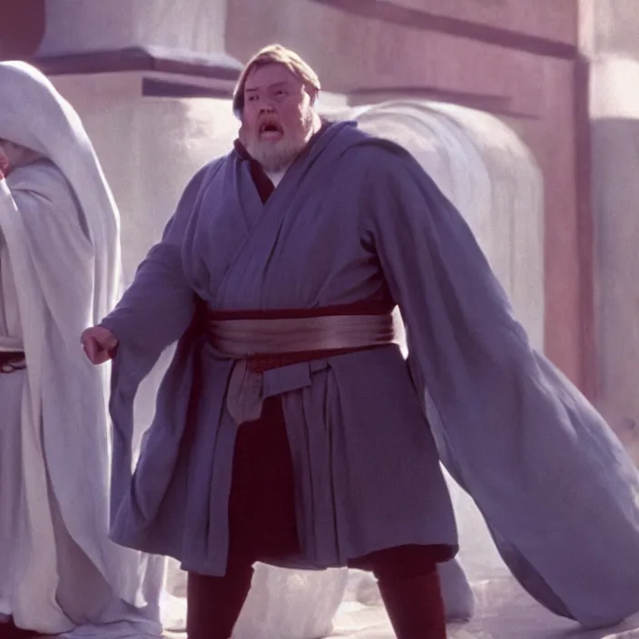 Prompt: obi wan kenobi but obese!! and overweight, photoralistic rendering, movie still, screenshot, hyperdetailed