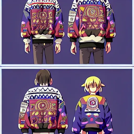 Image similar to majora majora's mask wearing oversized mayan bomber jacket with overalls, bulky poofy bomber jacket with mayan patterns, aztec street fashion, genshin impact art style, gapmoe yandere grimdark, trending on pixiv fanbox, painted by greg rutkowski makoto shinkai takashi takeuchi studio ghibli, akihiko yoshida