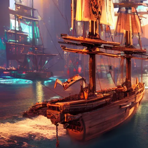 Image similar to high quality photo of a pirate ship in a cyberpunk cyberpunk cyberpunk city, realism, 8k, award winning photo