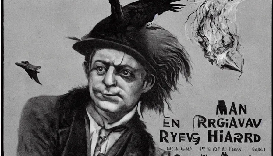 Prompt: man - raven hybrid smoking, realistic, historic, detailed, realistic, 1 9 2 0's horror film, black and white