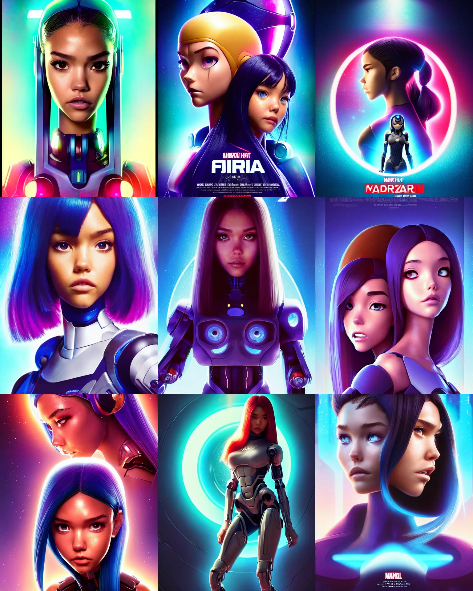 Prompt: sci - fi pixar anime movie poster portrait photo of madison beer, jessica alba : : as fun cyborg woman by weta, marvel : : by greg rutkowski, wlop, ilya kuvshinov, rossdraws, artgerm, leeloo, rave makeup, unreal engine, sweaty, glitter, pearlescent, morning, disney, : :