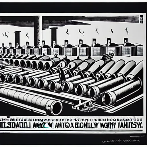 Prompt: propaganda poster featuring an extremely large number of artillery cannons, artillery, guns, production line inside a factory, parallel lines, limited palette, ww 1