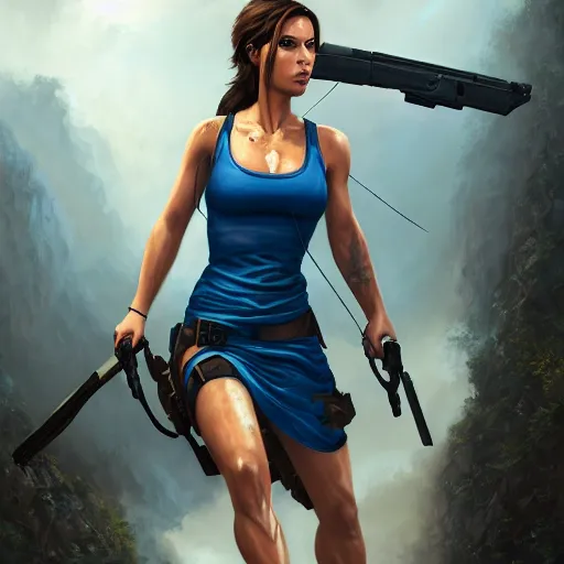 Prompt: Portrait Lara Croft wearing a blue skater dress, Tomb Raider, Alicia Vikander, beautiful, 4k oil on linen by wlop, artgerm, andrei riabovitchev, nuri iyem, james gurney, james jean, greg rutkowski, highly detailed, soft lighting 8k resolution