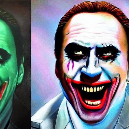 Prompt: nic cage as the joker, buff, painted portrait, highly detailed,