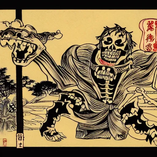 Prompt: Japanese giant skeleton yokai