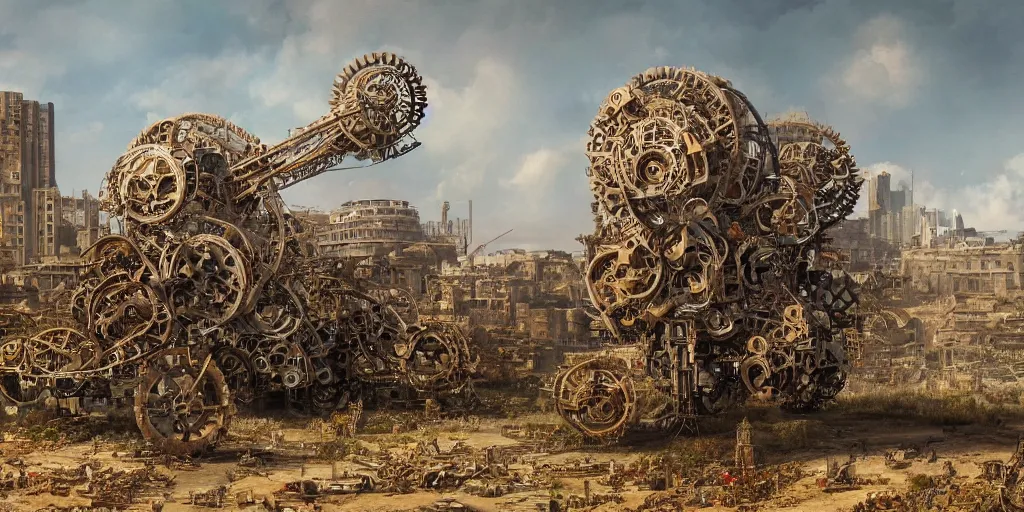 Image similar to a giant mechanical structure made of many machine parts and buildings and flowers on wheels moving through a desolate landscape, hyperrealism, highly detailed