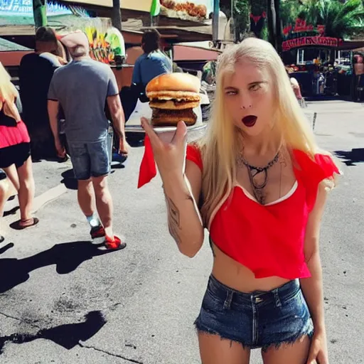 Image similar to Alucard the blond vampire lord in a crop top and shorts eating a burger at Hooter’s