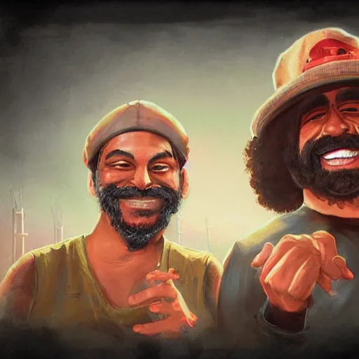 Image similar to portrait of cheech and chong, concept art, artstation, highly detailed, smoke background,