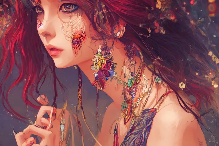 Image similar to a beautiful bohemian girl, intricate, highly detailed, digital painting, pixiv, artstation, official media, anime key visual, concept art, rich vivid colors, ambient lighting, sharp focus, illustration, art by erak note