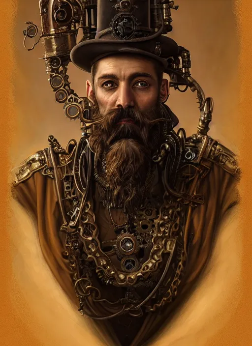 Image similar to portrait of a steampunk bearded king, grim - lighting, high - contrast, intricate, elegant, highly detailed, centered, digital painting, artstation, concept art, smooth, sharp focus, illustration, artgerm, tomasz alen kopera, peter mohrbacher, donato giancola, joseph christian leyendecker, wlop, boris vallejo