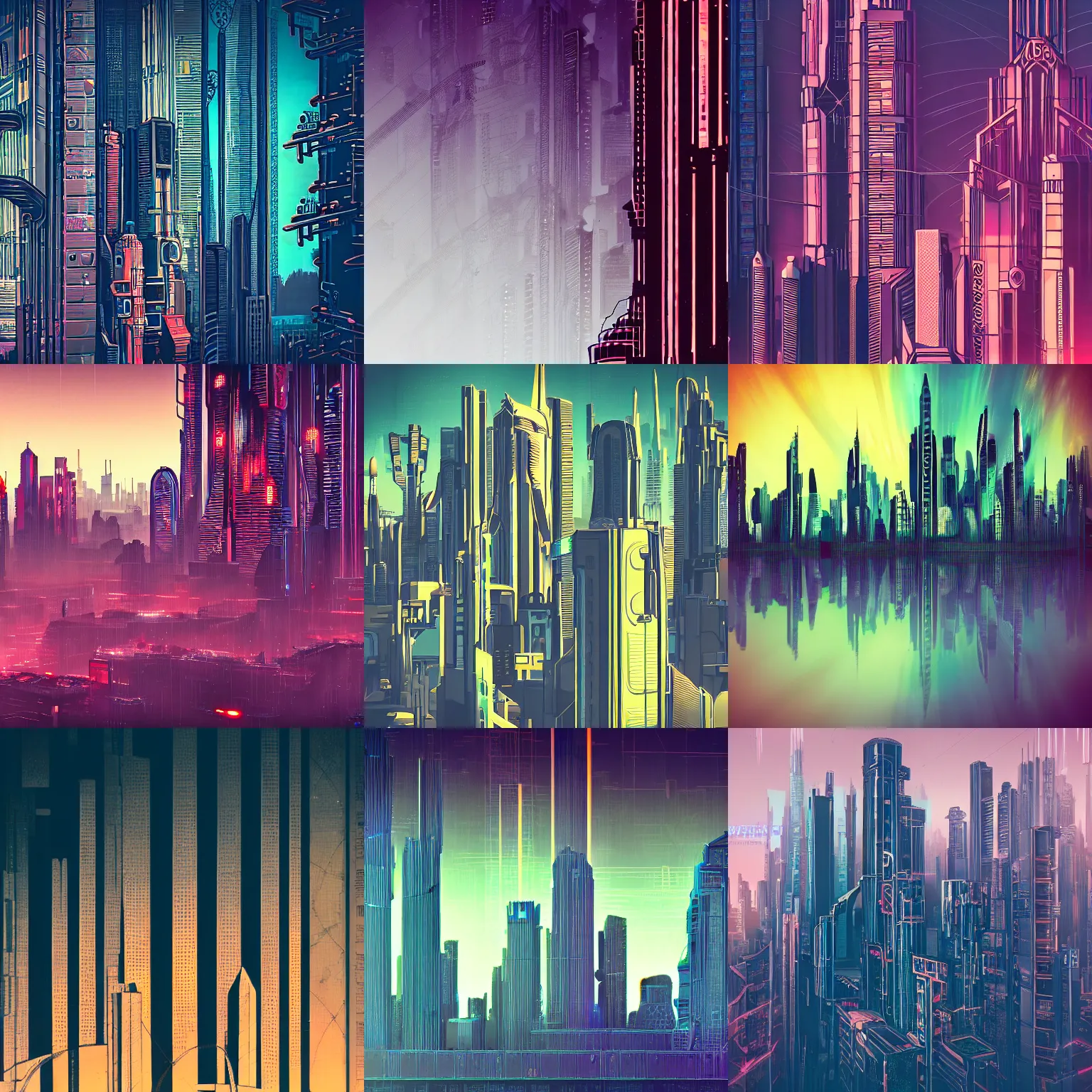 Prompt: detailed photo of a cyberpunk art deco skyline