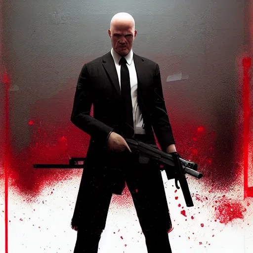 Image similar to a portrait of agent 4 7 from hitman standing in front of a wall of guns, dark background, red rim light, highly detailed, digital art, artstation, concept art, smooth, sharp focus, greg rutkowski, wlop