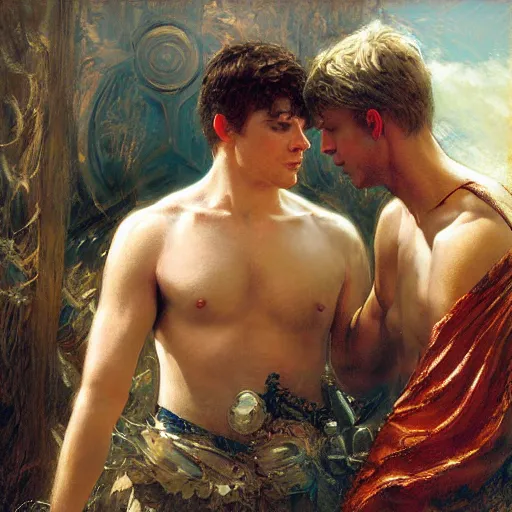 Image similar to attractive male, blond hair, arthur pendragon confesses his love to attractive male, dark hair, merlin. highly detailed painting by gaston bussiere, craig mullins, j. c. leyendecker 8 k