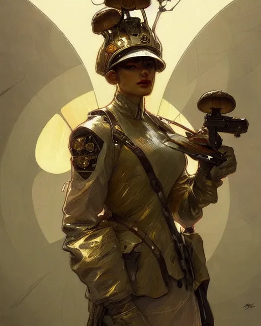 Image similar to portrait of a mushroom wearing a formal military outfit, science fantasy painting, elegant intricate digital painting artstation, greg rutkowski and alphonse mucha, detailed