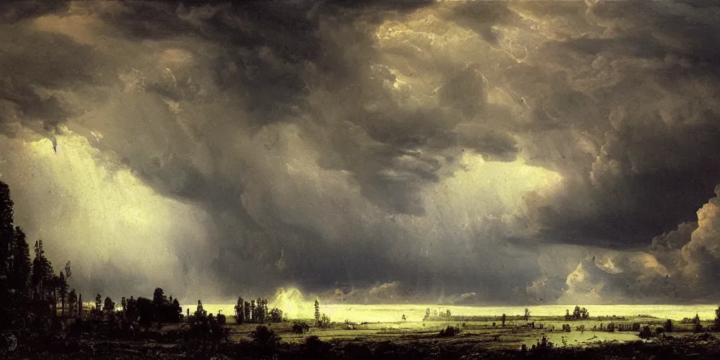 Prompt: an immense storm fills the sky, the ground shatters cataclysmicly, Ivan Shishkin and John Martin