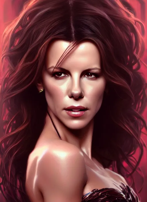 Prompt: portrait of kate beckinsale as a vampire queen, jewelry, greek, ruby, intricate, headshot, highly detailed, digital painting, artstation, concept art, sharp focus, cinematic lighting, illustration, art by artgerm and greg rutkowski, alphonse mucha, cgsociety