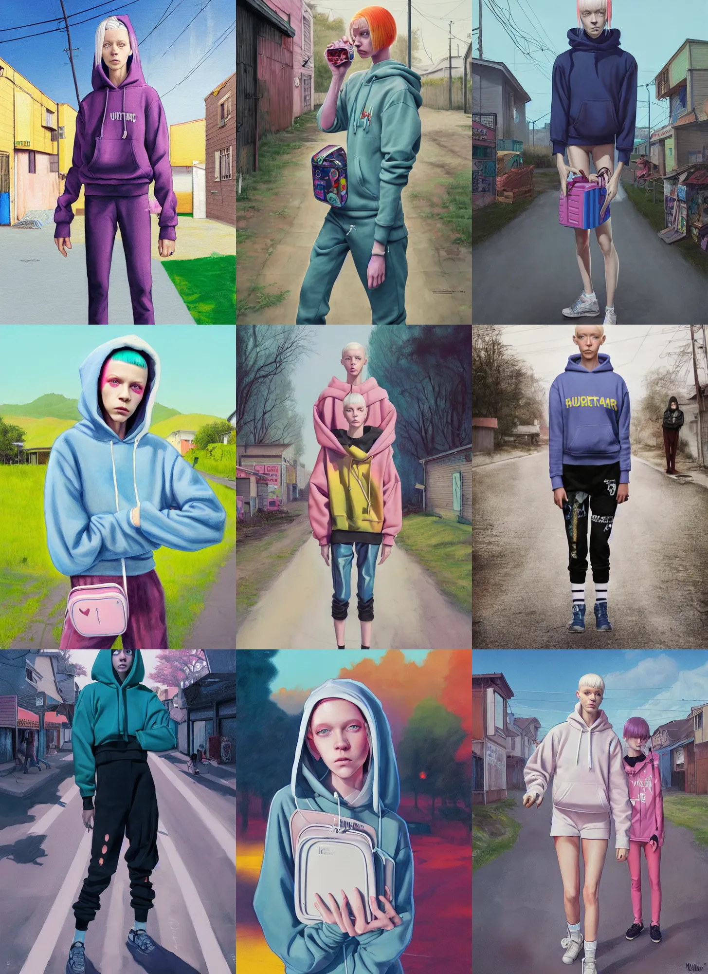 Prompt: still from music video of hunter schafer from die antwoord standing in a township street, wearing a hoodie and lunchbox in hand, street clothes, full figure portrait painting by martine johanna, ilya kuvshinov, rossdraws, pastel color palette, 2 4 mm lens
