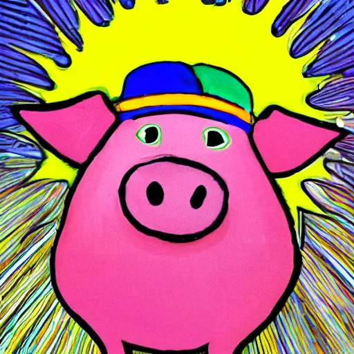 Image similar to pig wearing a simple gold in the style of peter max