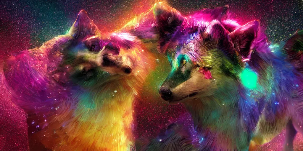 Image similar to sparkle dog, realistic 4 k octane beautifully detailed render, 4 k post - processing, highly detailed, intricate complexity, epic composition, magical atmosphere, cinematic lighting, masterpiece, ultra hd