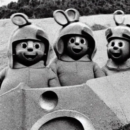 Prompt: teletubbies in a trench during world war 2