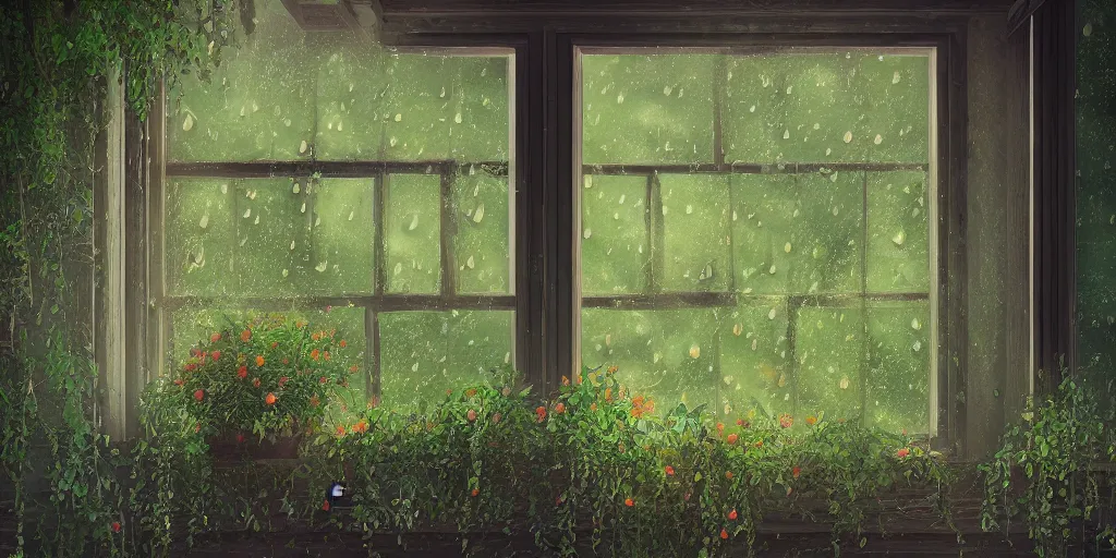 Prompt: rain drops on a window pane, cozy garden in background,, high detail, full length, Realistic, Regal, Refined, Detailed Digital Art, Exquisite detail, post-processing, masterpiece, Cinematic Lighting