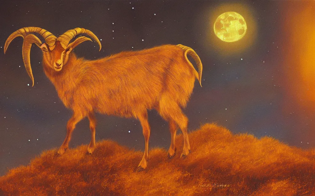 Image similar to satanic goat golden fur in silver desert at night (ethereal) (iridescent), award winning oil painting, lunar color palette