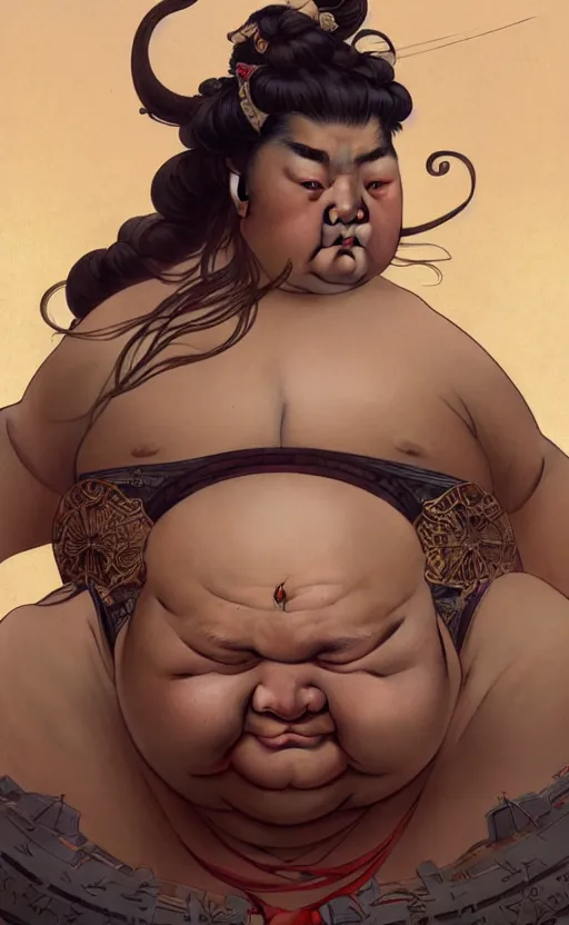 Image similar to a dynamic portrait of a gigantic sumo empress, a fat tank monster, baroque, piglets, concept art, deep focus, fantasy, intricate, highly detailed, digital painting, artstation, matte, sharp focus, illustration, art by greg rutkowski and alphonse mucha