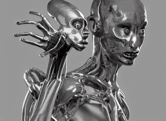 Prompt: stylized shiny polished silver statue full body extra limbs bizarre cosmic horror demonic demon made of marble of slug creature, perfect symmetrical body, perfect symmetrical face, hyper realistic, hyper detailed, by johannen voss, by michelangelo, octane render, blender, 8 k, displayed in pure white studio room