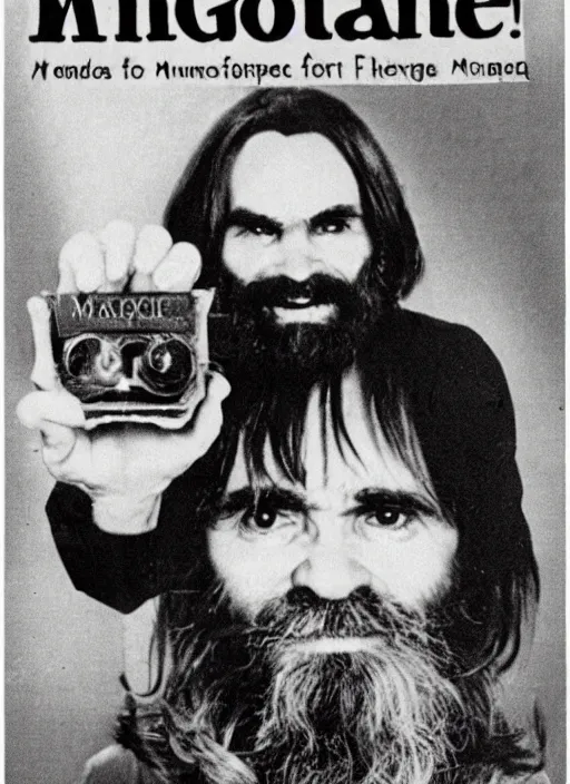 Image similar to vintage magazine advertisement depicting charles manson as a muppet