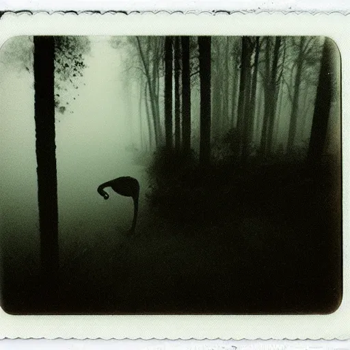 Prompt: an eerie, foggy swamp, with strange creatures lurking within. scary, grotesque, old photo, polaroid