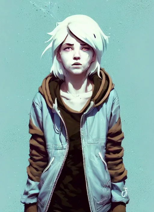 Image similar to highly detailed portrait of a sewer punk swedish young lady, hoodie, white hair by atey ghailan, by greg rutkowski, by greg tocchini, by james gilleard, by joe fenton, by kaethe butcher, gradient light blue, blonde, brown, cream and white color scheme, grunge aesthetic!!! ( ( graffiti tag wall background ) )