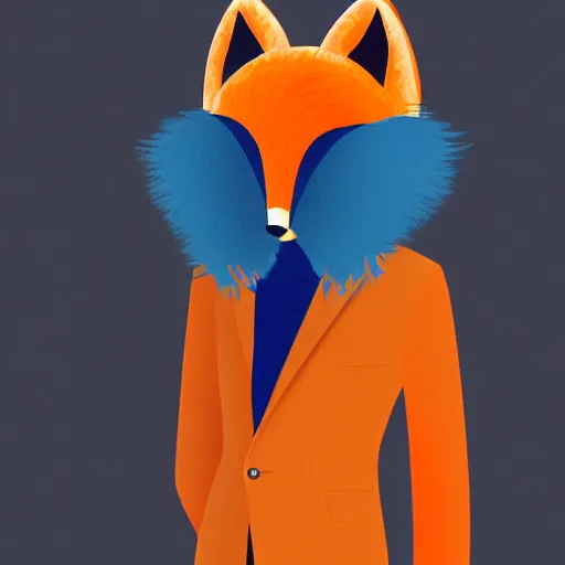Prompt: “Young man wearing an orange-gala-fox-mask, darkblue suit and fluffy foxtail, digital art”
