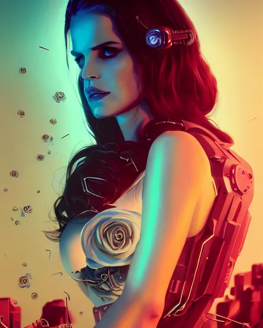 Image similar to portrait of lana del rey as a cyberpunk cyborg. sci - fi intricate abstract upper body intricate artwork, roses, rose petals by tooth wu, wlop, beeple, dan mumford. concept art, octane render, trending on artstation, greg rutkowski, asymmetrical, cinematic arthouse, key art, hyper realism, iridescent accents